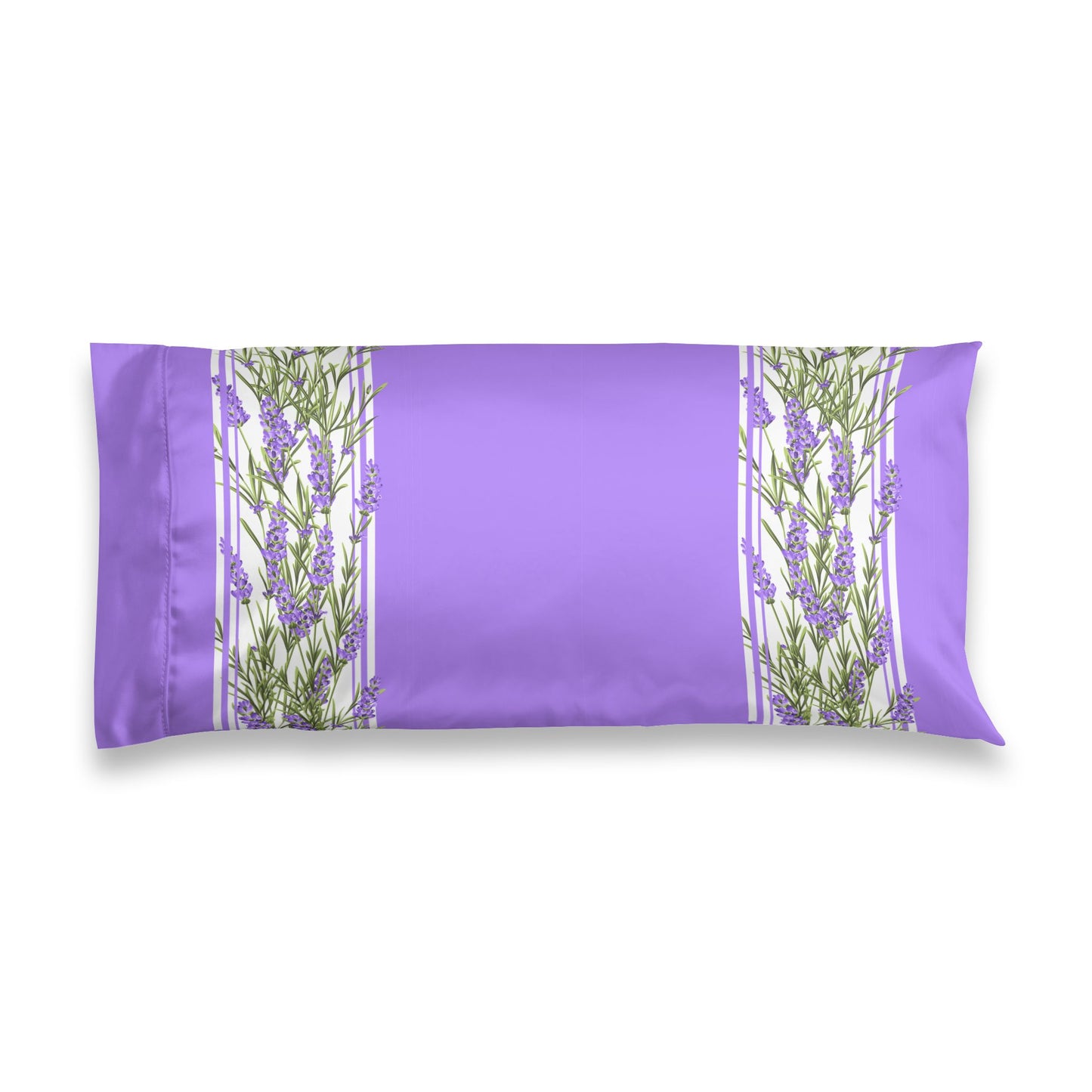 Lavender stripe satin body pillowcase on purple background — Provence botanical bedding