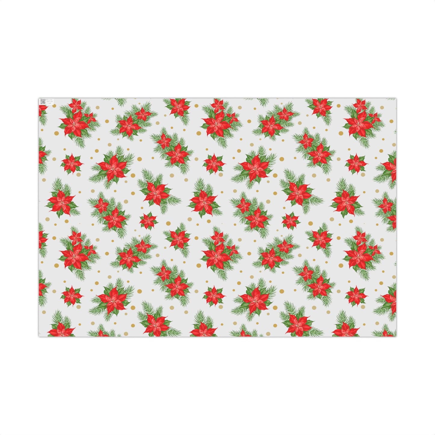 Flat lay of poinsettia and gold dot Christmas gift wrap paper pattern, 29 by 20 inch sheet