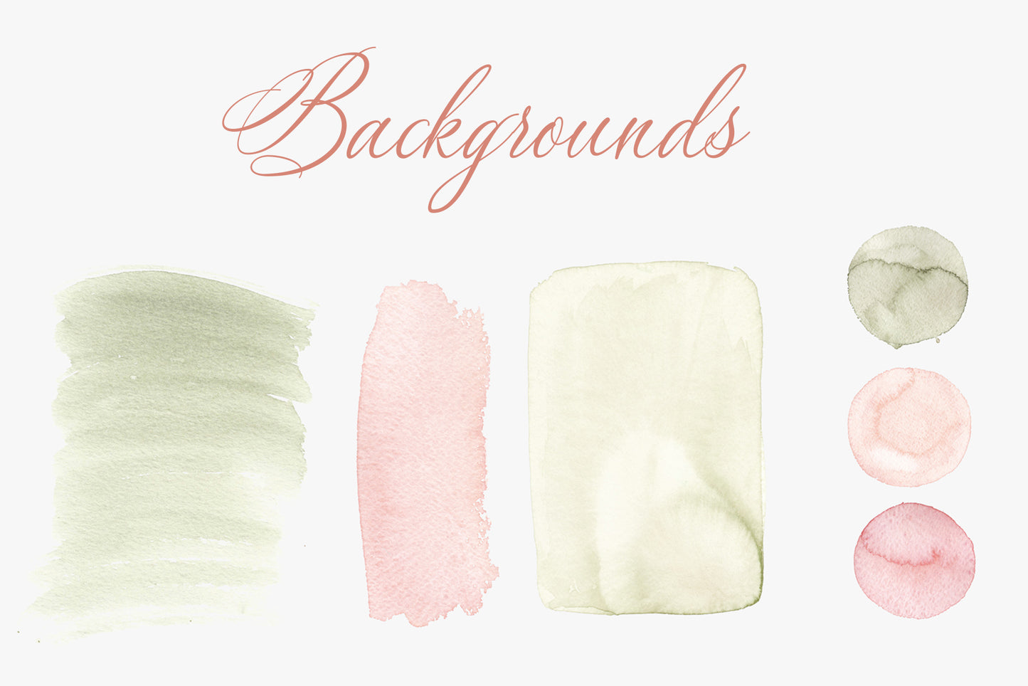 Watercolor paint swatch and texture backgrounds page showing loose brushstrokes and color washes in soft sage green, blush pink, pale cream, and muted rose tones for design backgrounds