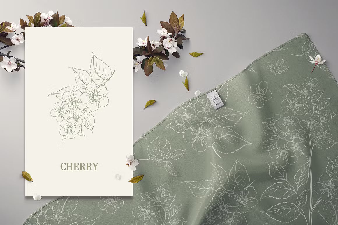 Bloom floral line art cherry branch motif