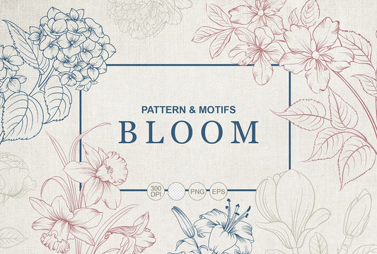 Bloom floral line art clipart collection with botanical motifs and seamless patterns