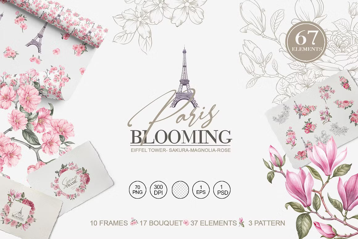 Blooming Paris botanical clipart collection with watercolor magnolia, sakura, and Eiffel Tower motifs