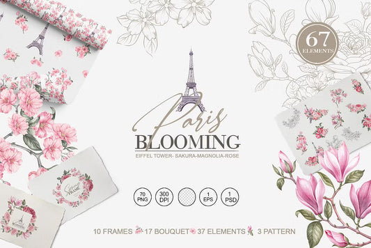 Blooming Paris botanical clipart collection with watercolor magnolia, sakura, and Eiffel Tower motifs