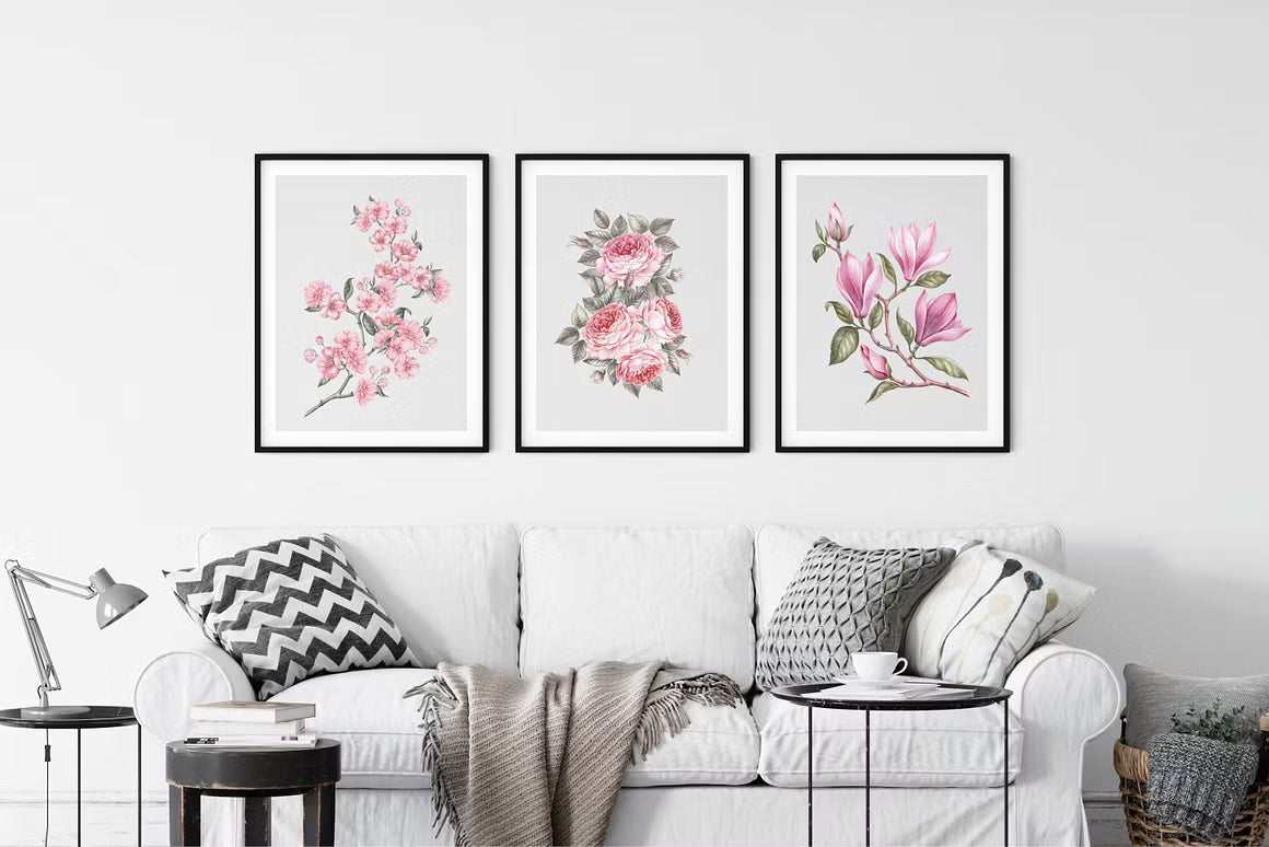 Framed botanical prints from the Blooming Paris collection in a living room