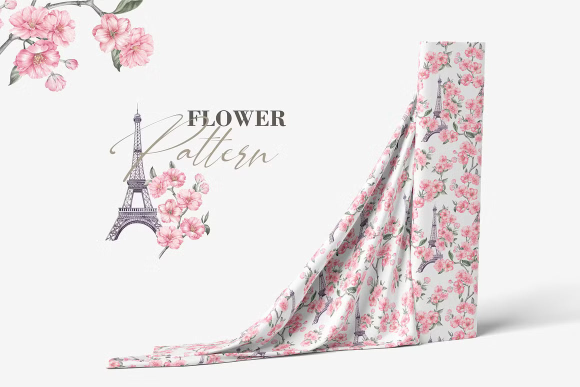 Pink floral dress mockup with Eiffel Tower and cherry blossom design