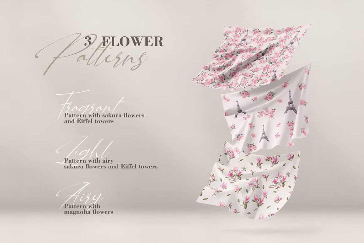 Blooming Paris floral pattern shown on a tote bag and decorative pillows