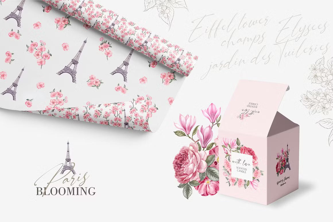 Pink floral wrapping paper and matching wedding stationery packaging