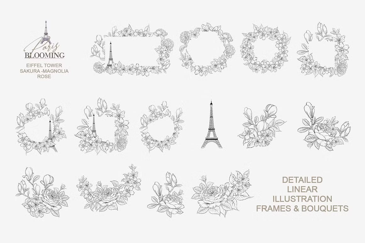 Line art Blooming Paris floral frames, bouquets, and Eiffel Tower motifs