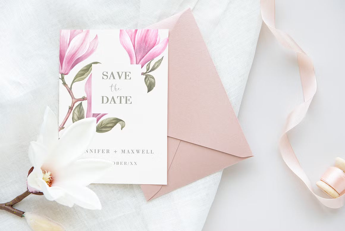 Save the Date wedding invitation with pink magnolia artwork and envelope