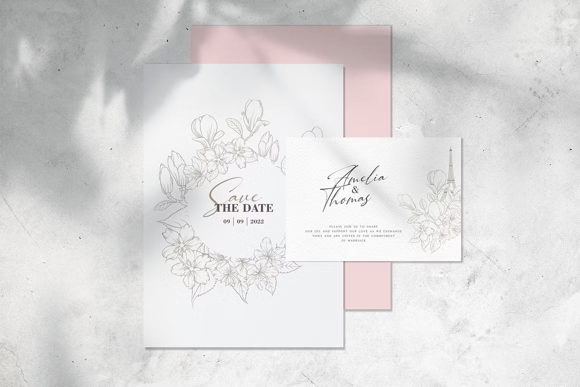 Floral Save the Date invitation and matching wedding stationery
