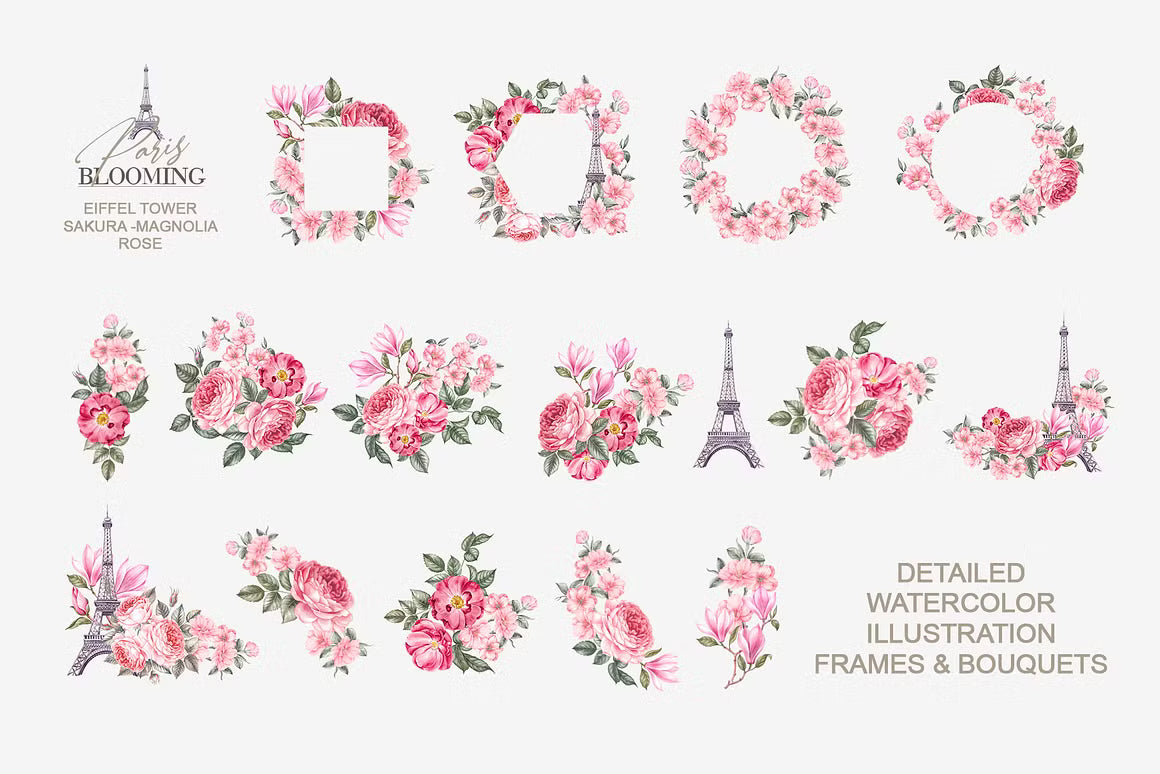 Watercolor Blooming Paris floral frames, bouquets, and Eiffel Tower motifs