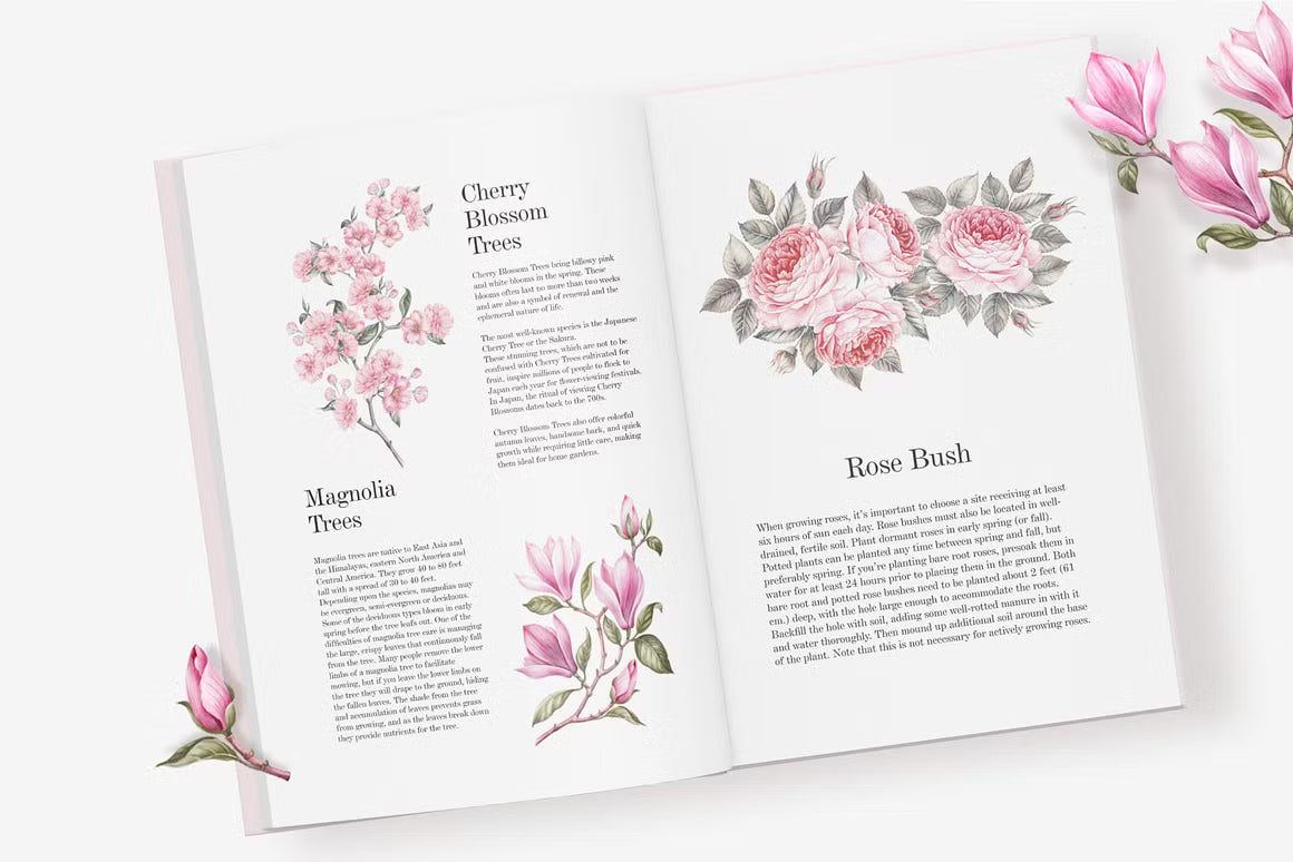 Open wedding stationery booklet decorated with pink floral motifs