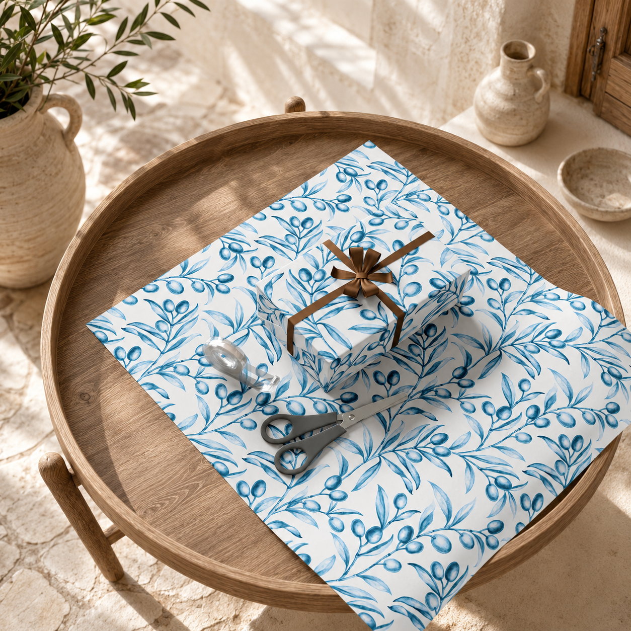 Wrapped gift on a round wood tray with blue watercolor olive branch wrapping paper and a matching sheet