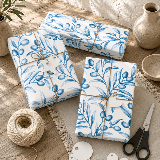 Wrapped gifts on a wood floor with blue watercolor olive branch wrapping paper, twine, scissors, and tags
