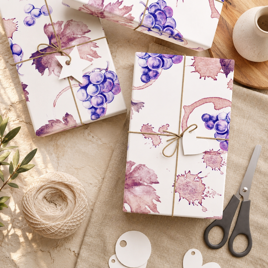 Purple grapevine watercolor gift wrap paper shown as wrapped packages on a neutral beige surface with jute twine, scissors, and ceramic cup, styled flat-lay