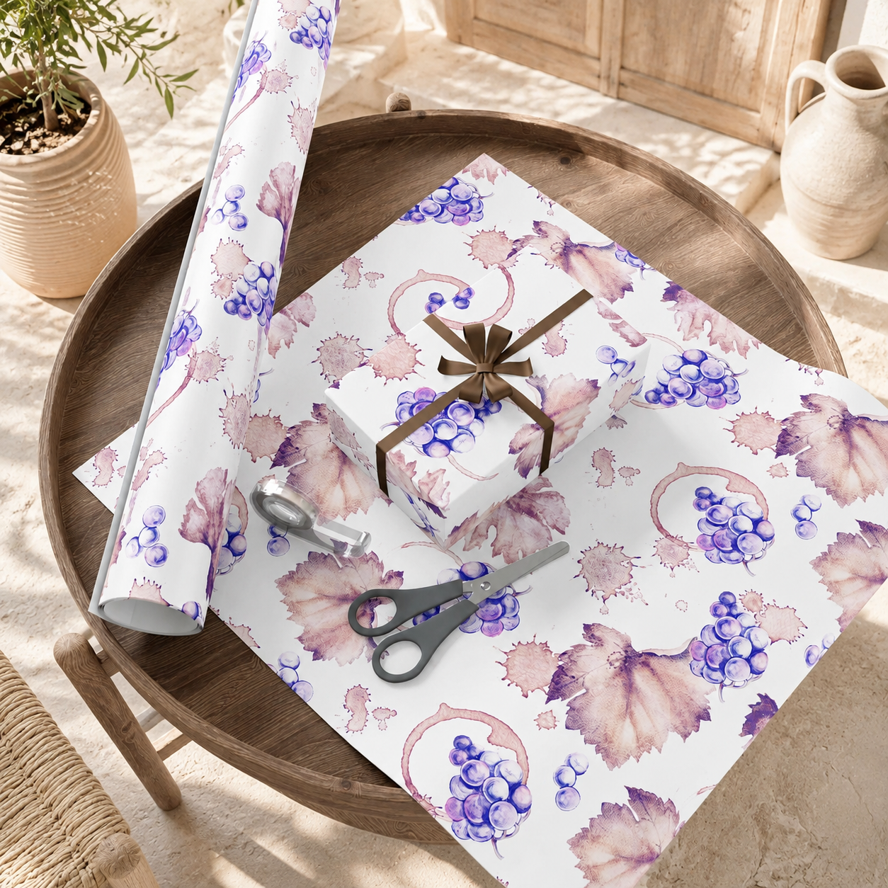 Purple grapevine watercolor gift wrap paper displayed on a wooden tray with rolled paper, unwrapped flat sheet, scissors, and natural rope, with earthy neutral styling