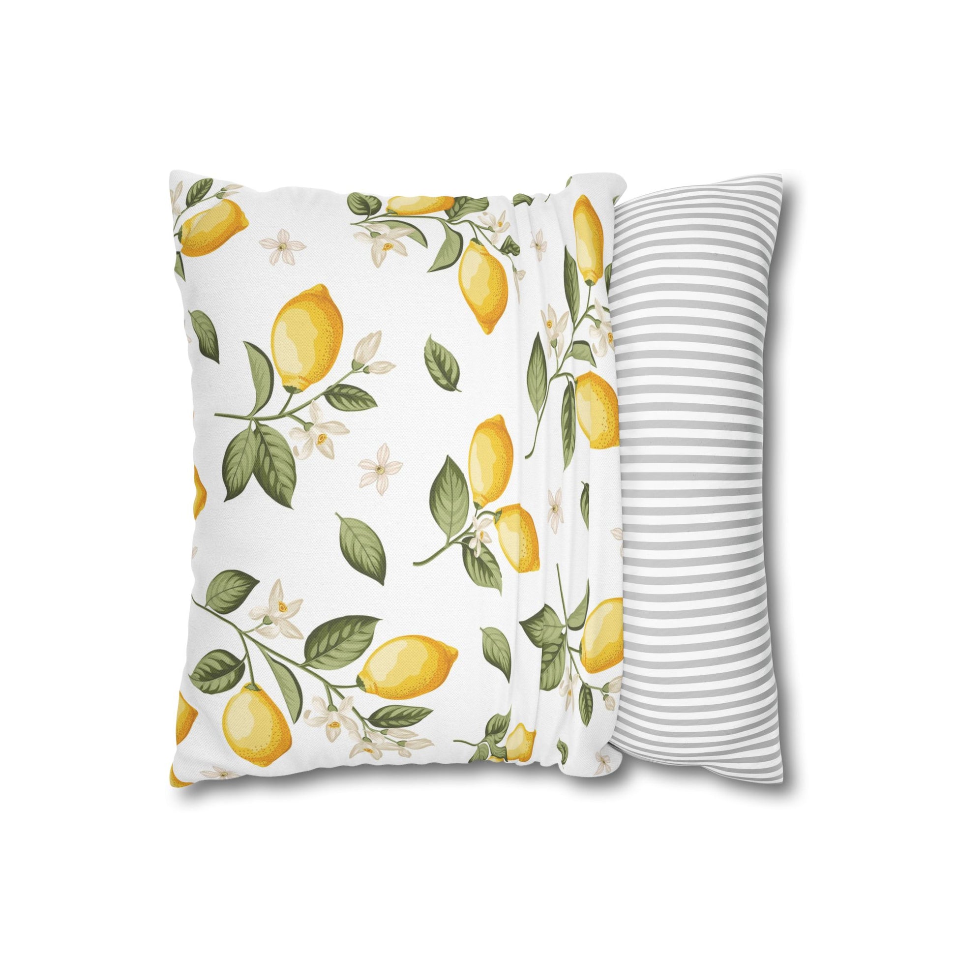 Two-sided lemon botanical pillow cover with striped reverse