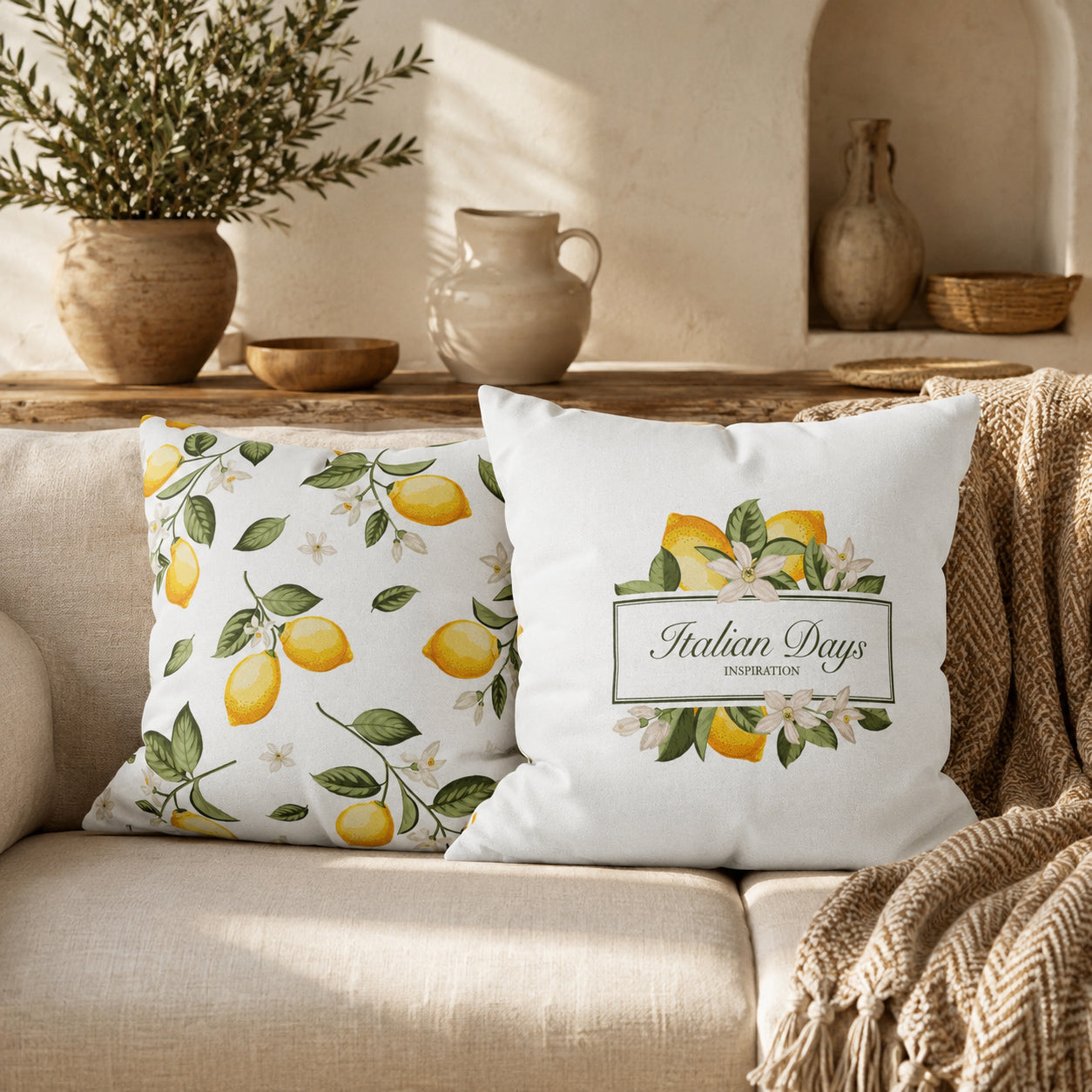 Italian Days lemon pillow covers styled on a neutral sofa in a Mediterranean interior