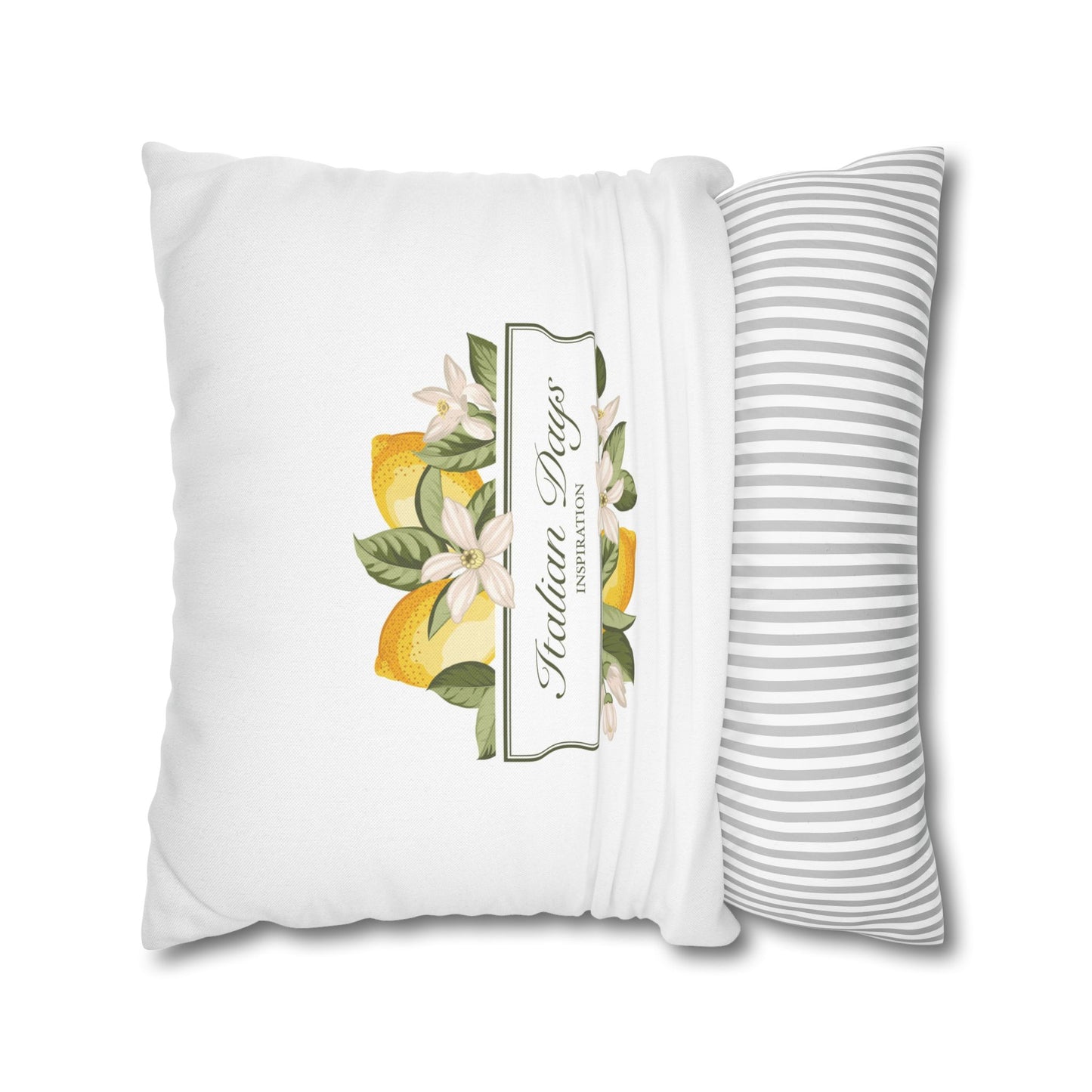 Two-sided Italian Days lemon pillow cover with striped reverse