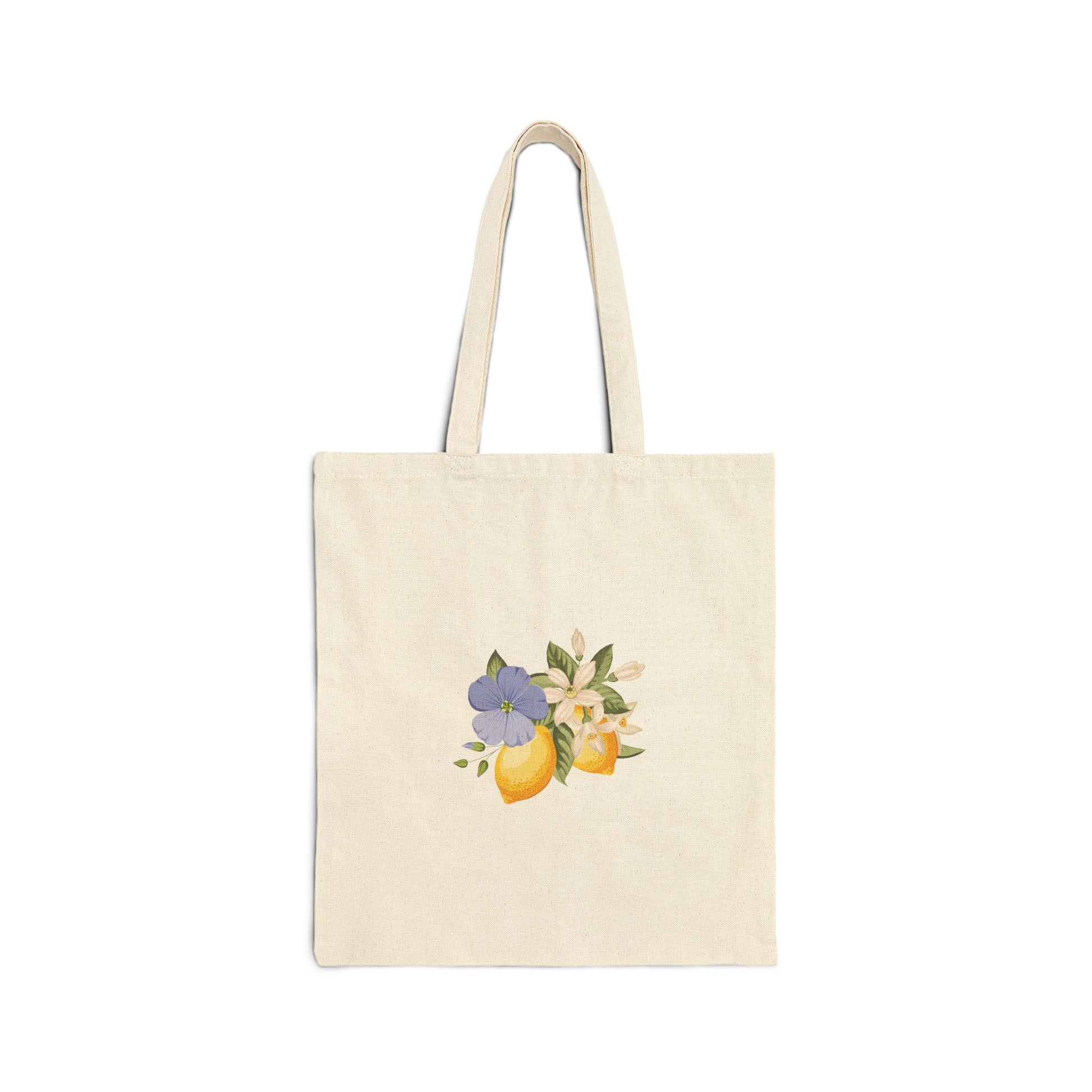 Flat back view of the natural canvas tote bag with a small lemon and violet flower sprig print