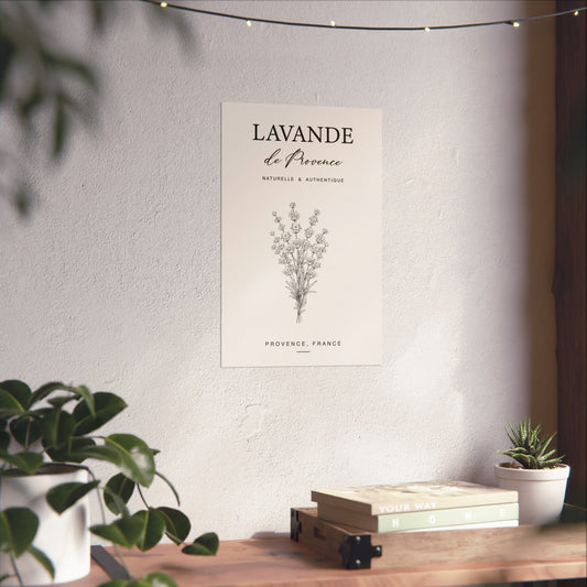 Lavande de Provence vintage botanical print on a plastered wall above a wooden shelf with plants and books