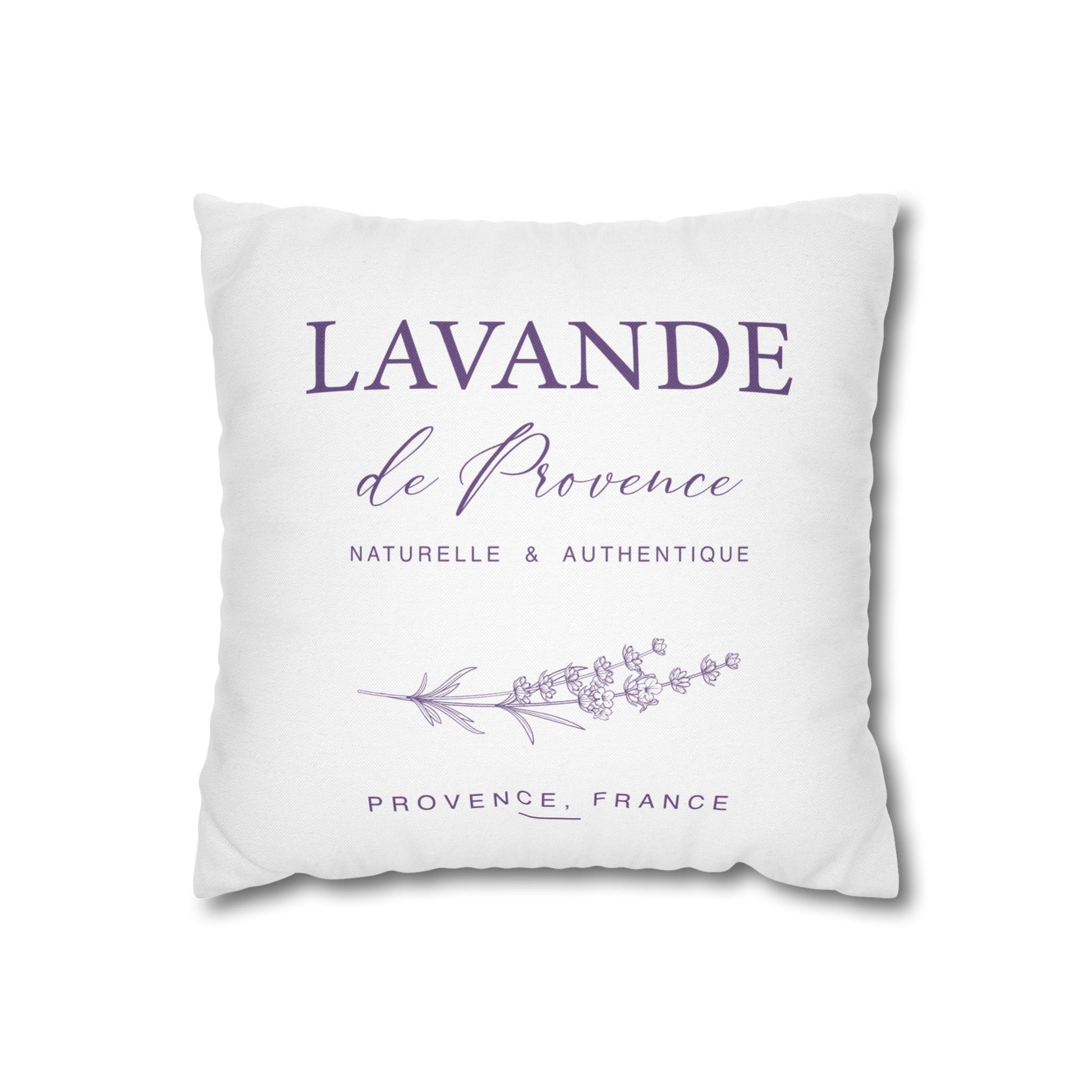 Front face view of Lavande de Provence pillow cover on white background showing text and botanical lavender design