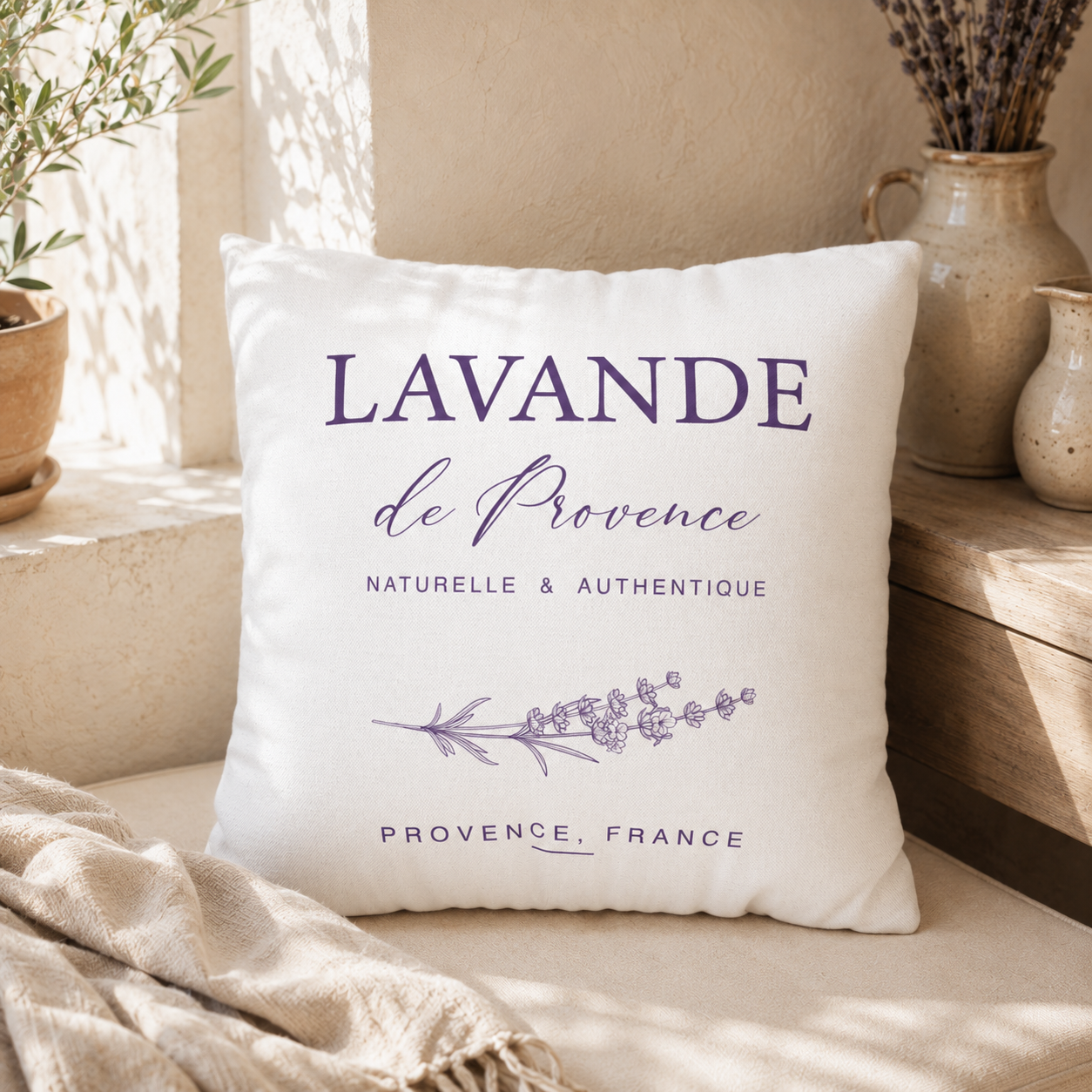 Lavande de Provence square pillow cover with purple botanical text and lavender sprig illustration on a cream background