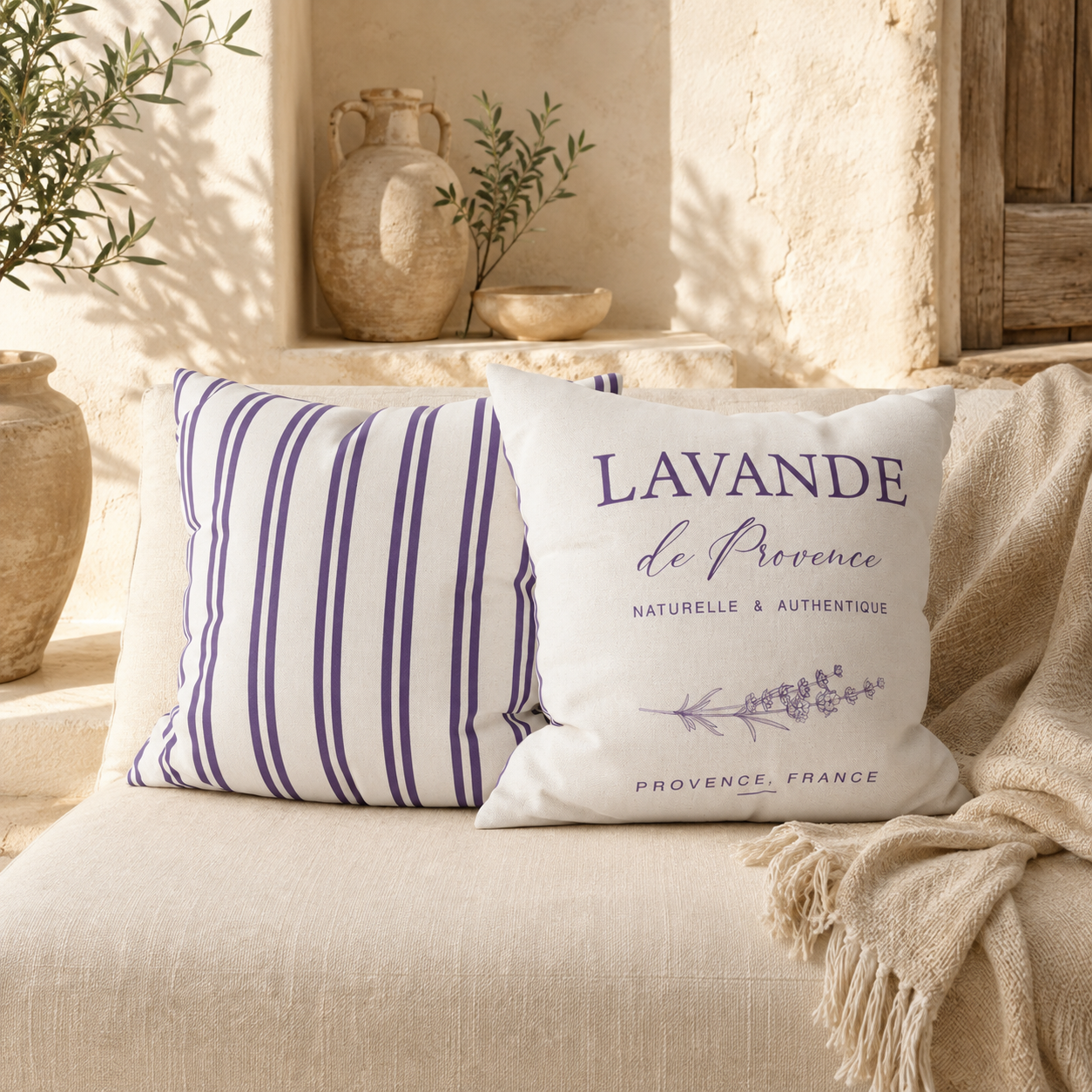 Lavande de Provence pillow covers displayed as a pair on a sunlit Mediterranean sofa with terracotta vases and lavender stems in the background