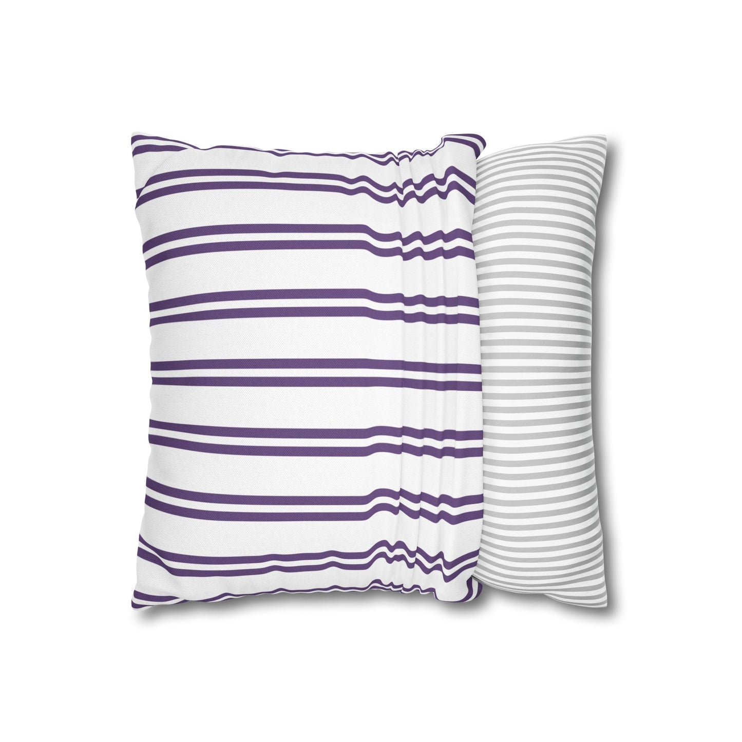Angled three-quarter view of Lavande de Provence pillow cover displaying striped front and gray striped reverse