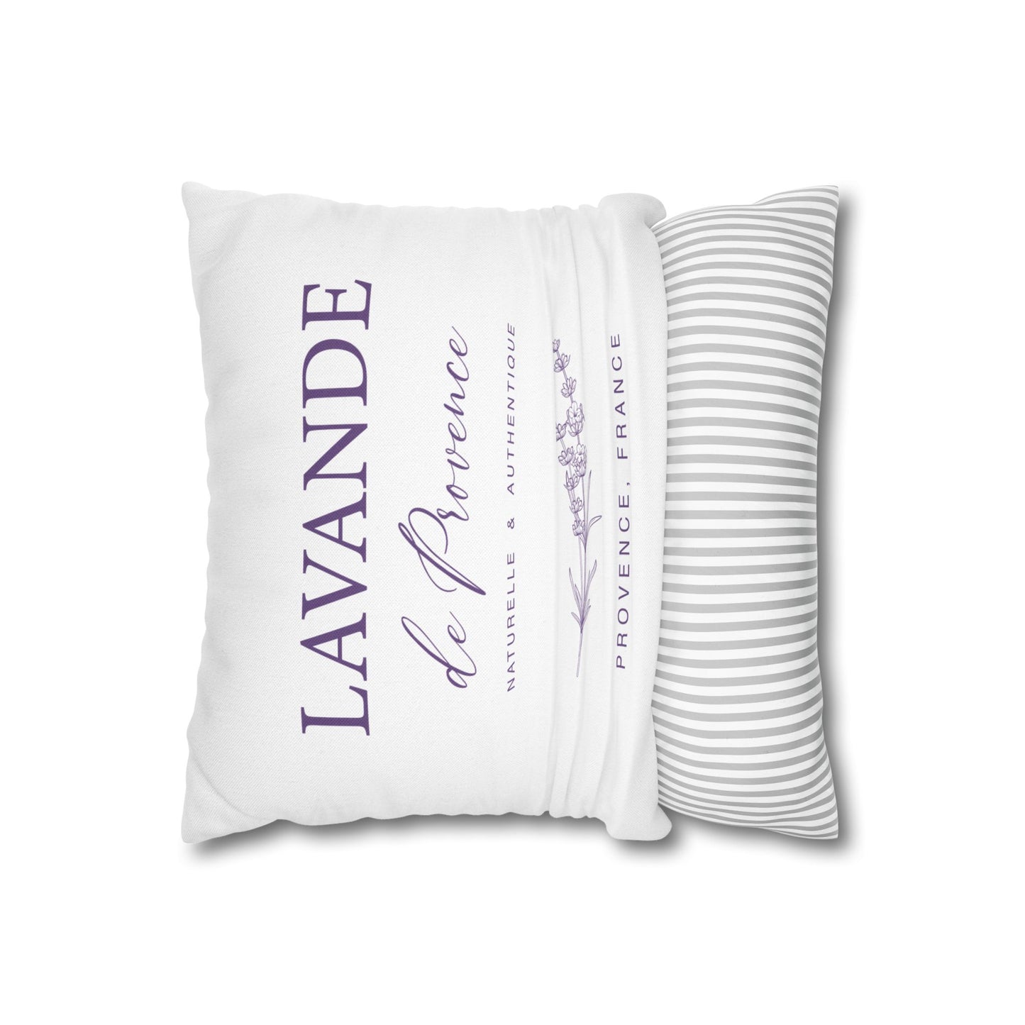 Two-sided Lavande de Provence pillow cover with purple text front and gray striped reverse, shown at an angle