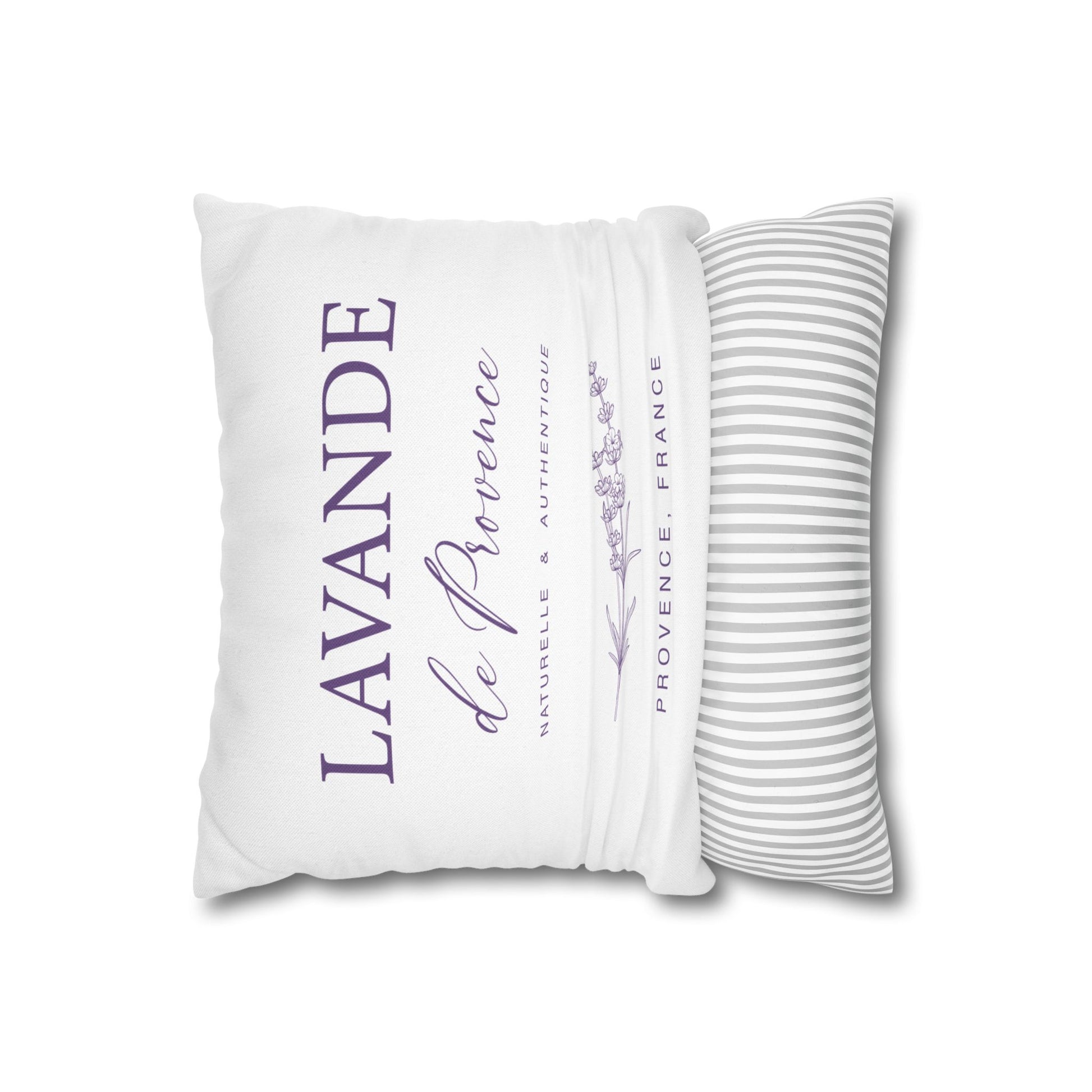 Two-sided Lavande de Provence pillow cover with purple text front and gray striped reverse, shown at an angle