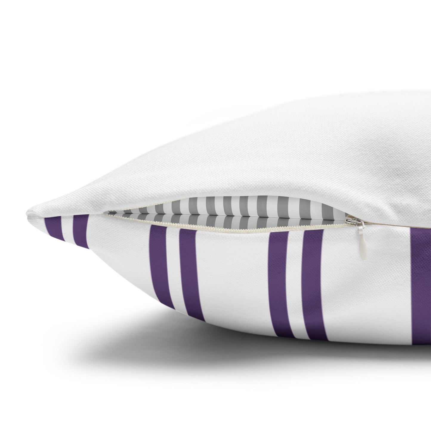 Close-up detail of the concealed zipper edge and fabric contrast between purple striped front and gray striped back on Lavande de Provence pillow cover
