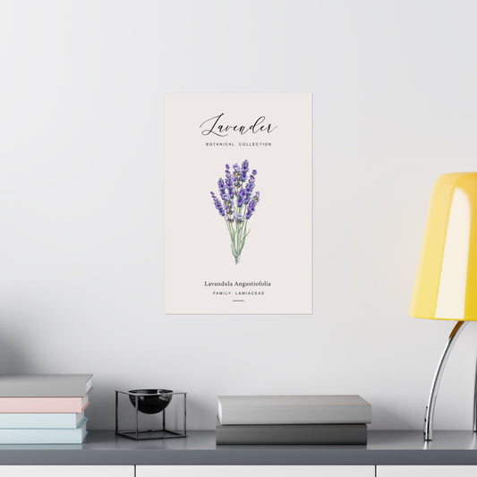 Lavender Botanical Collection poster framed on a white wall above a shelf displaying stacked pastel books and a yellow pendant lamp
