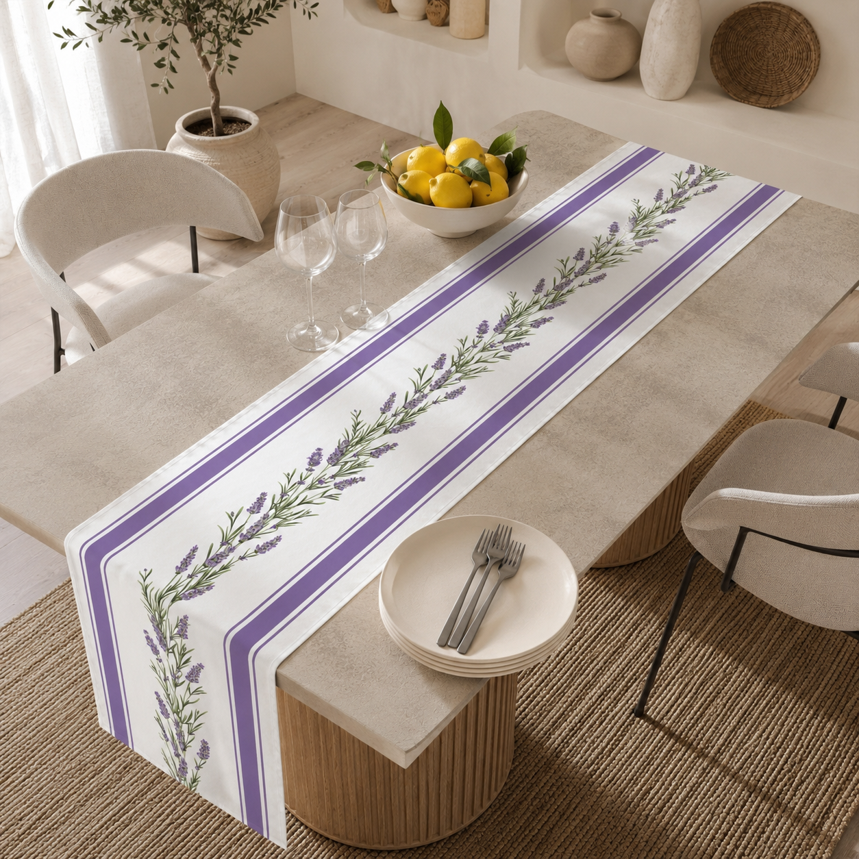 Lavender garland stripe table runner styled on a dining table with lemons and place settings