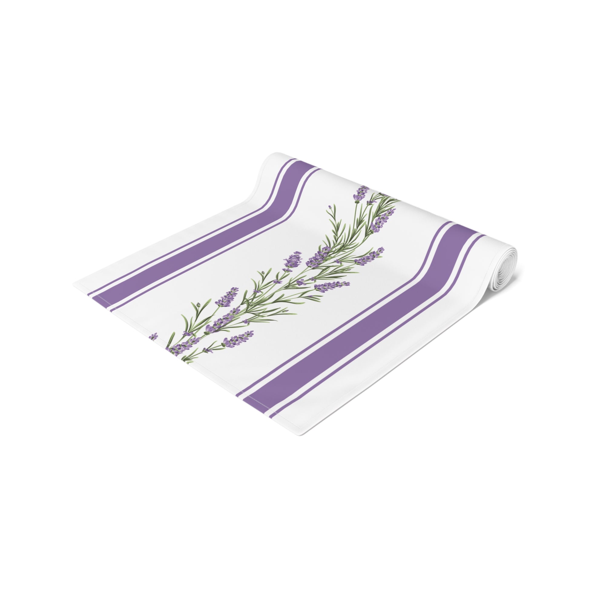 Folded corner of lavender garland stripe table runner with lavender sprig sprays
