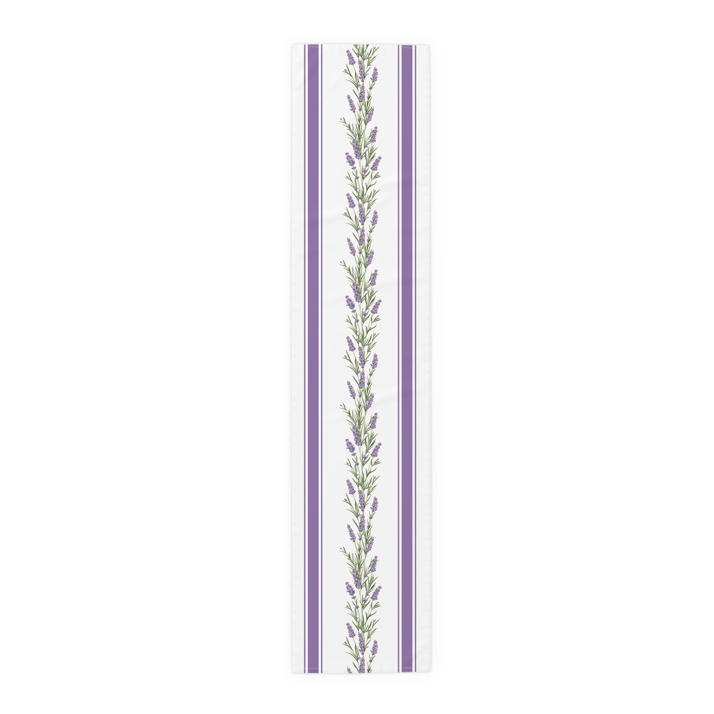 Lavender garland stripe table runner shown flat in a full-length top view