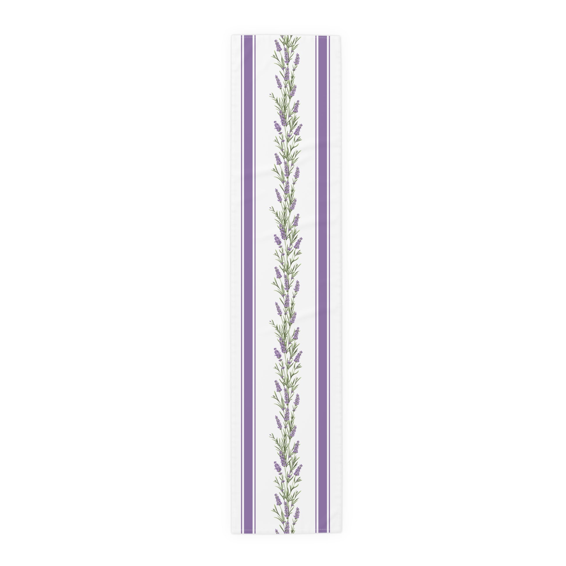 Lavender garland stripe table runner shown flat in a full-length top view