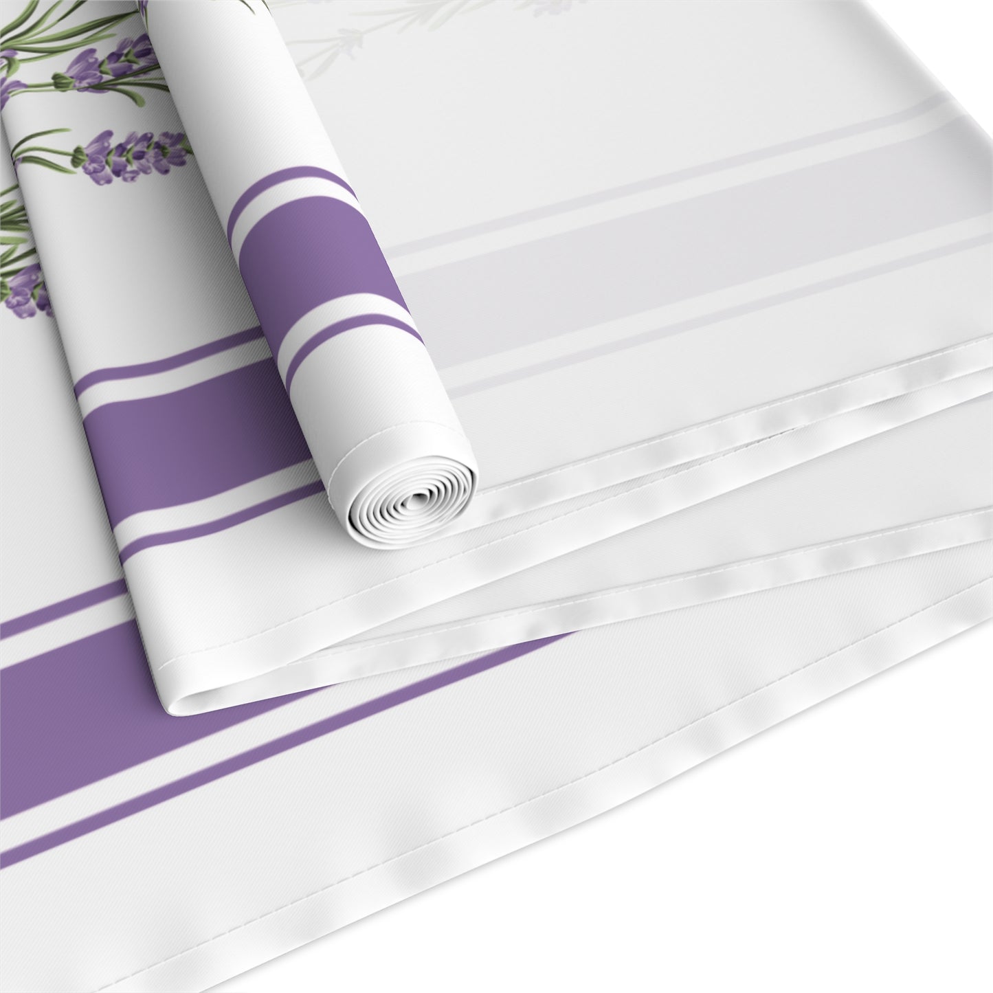 Rolled corner of lavender garland stripe table runner showing purple double-stripe border
