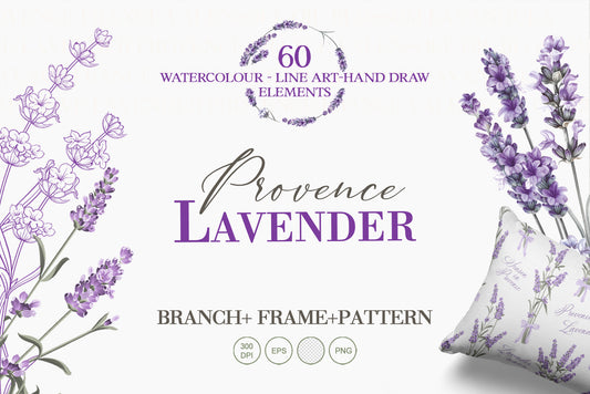 Lavender Provence digital collection banner showing watercolor and line art lavender elements with product title and "60 Watercolour - Line Art-Hand Draw Elements" text