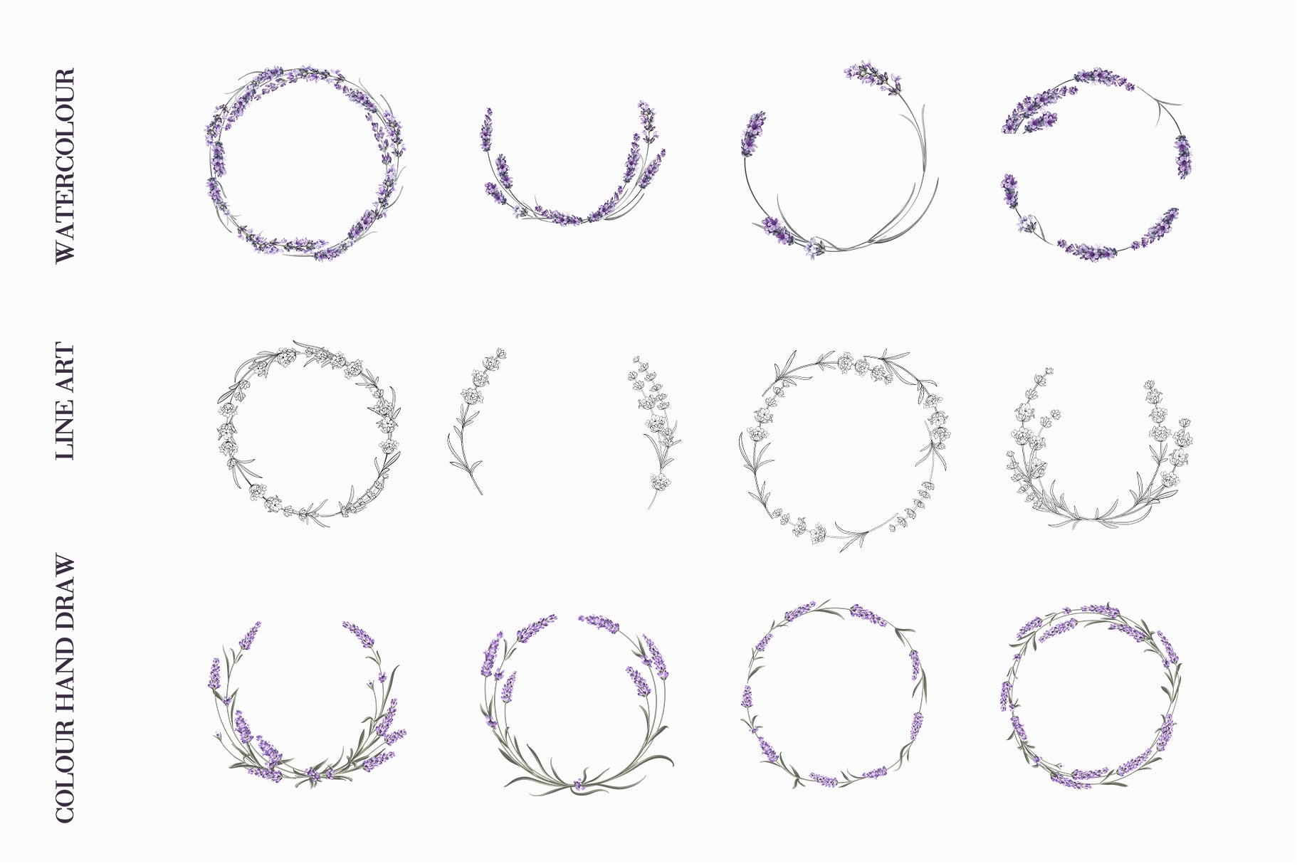 Grid preview of decorative lavender Provence wreath frames, individual botanical elements, and circular frame designs in watercolor, line art, and colored hand-drawn styles