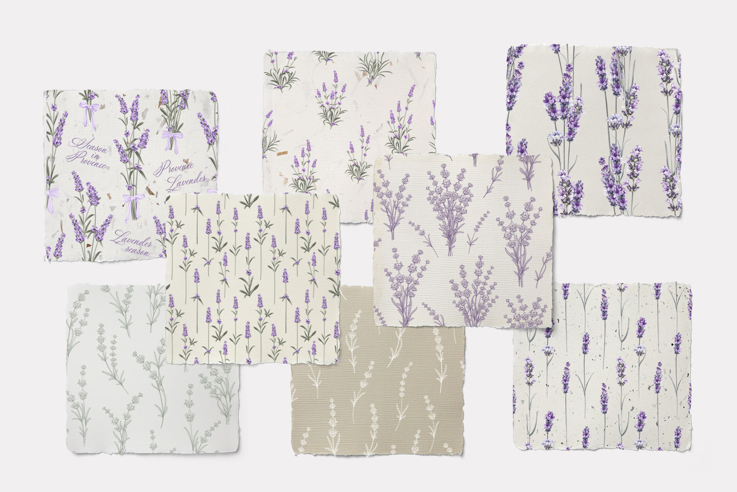 Mockup display of Lavender Provence digital collection assets applied to various fabric products including pillows, linens, wallpaper, and table textiles in cream and white colorways