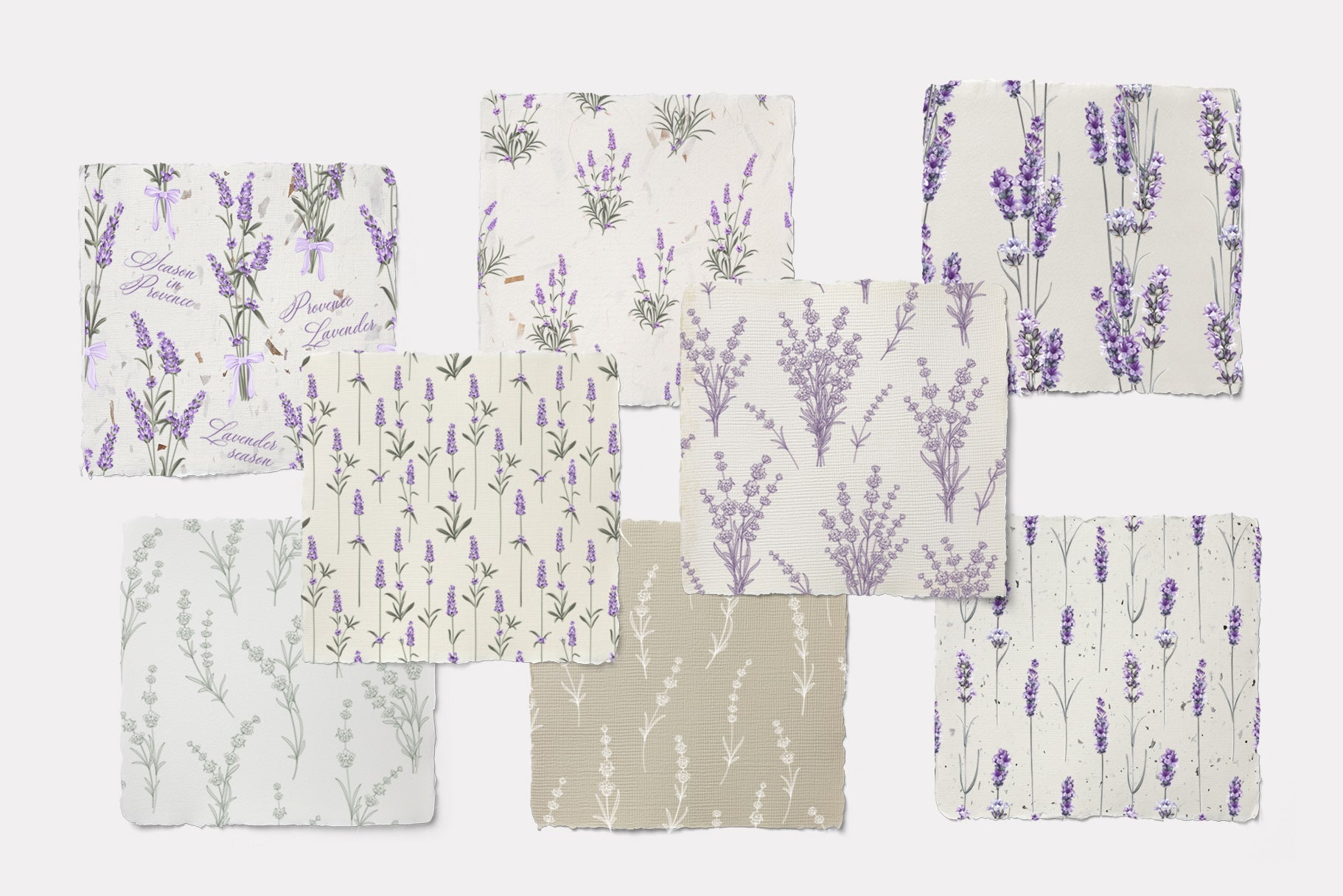 Mockup display of Lavender Provence digital collection assets applied to various fabric products including pillows, linens, wallpaper, and table textiles in cream and white colorways