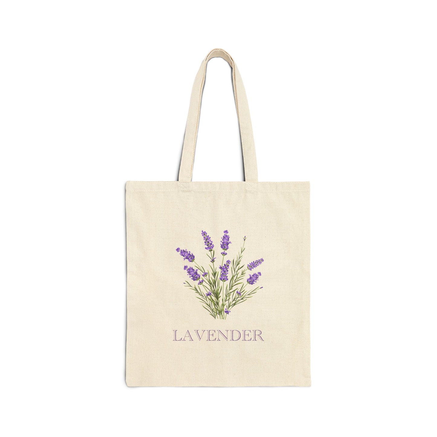 Flat back view of the natural canvas tote bag printed with purple lavender botanical illustration and the word LAVENDER in small capitals