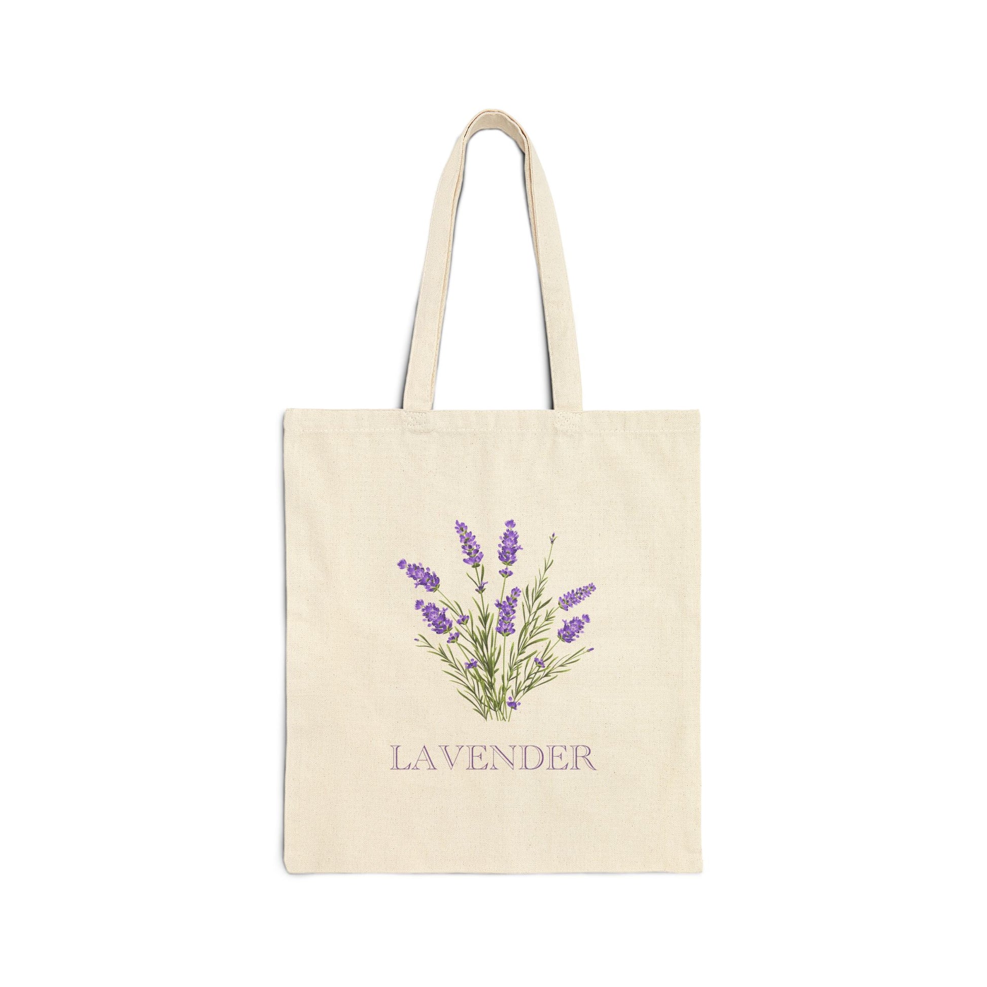 Flat back view of the natural canvas tote bag printed with purple lavender botanical illustration and the word LAVENDER in small capitals