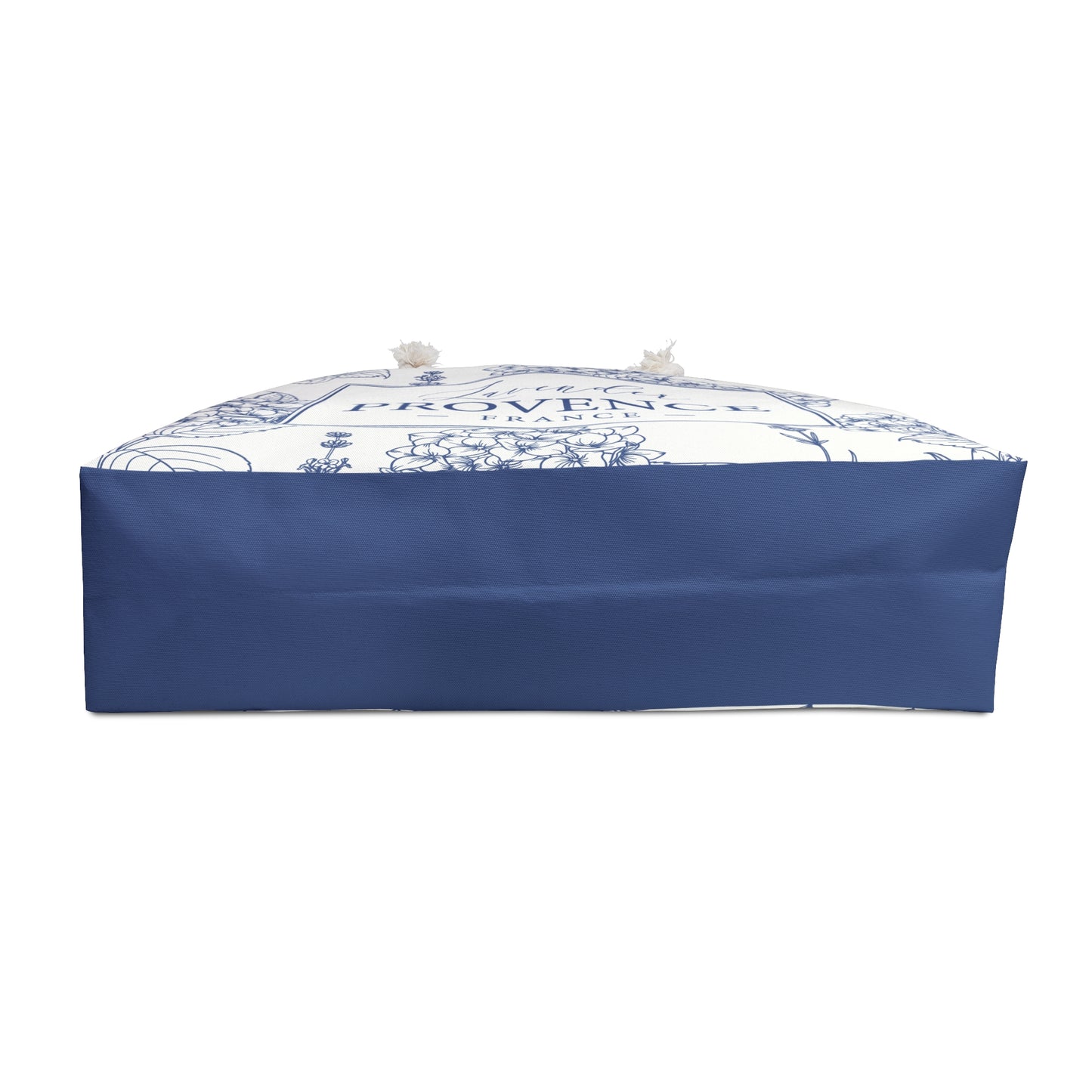 Side profile view of the lavender weekender bag showing navy blue base panel and patterned upper section with branding
