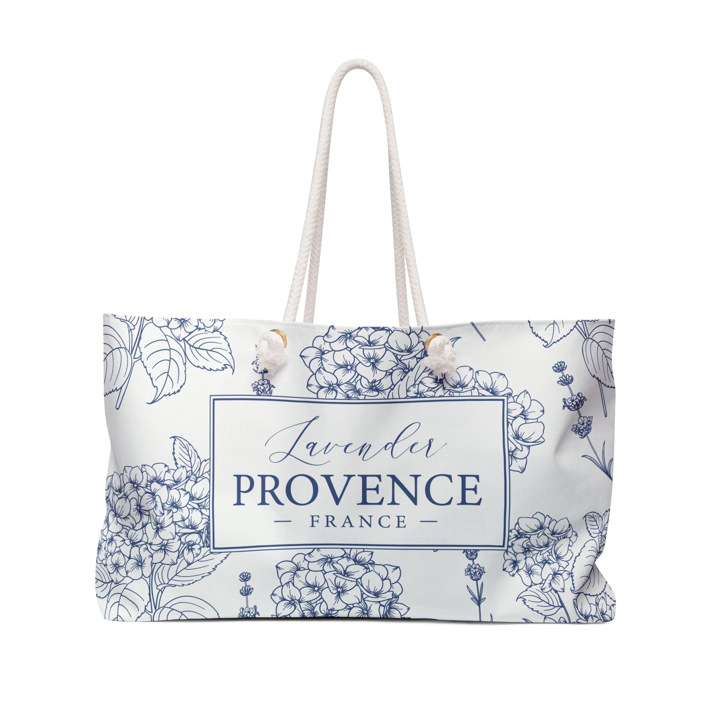 Lavender Provence weekender bag front view on white background showing botanical print with text branding and rope handles