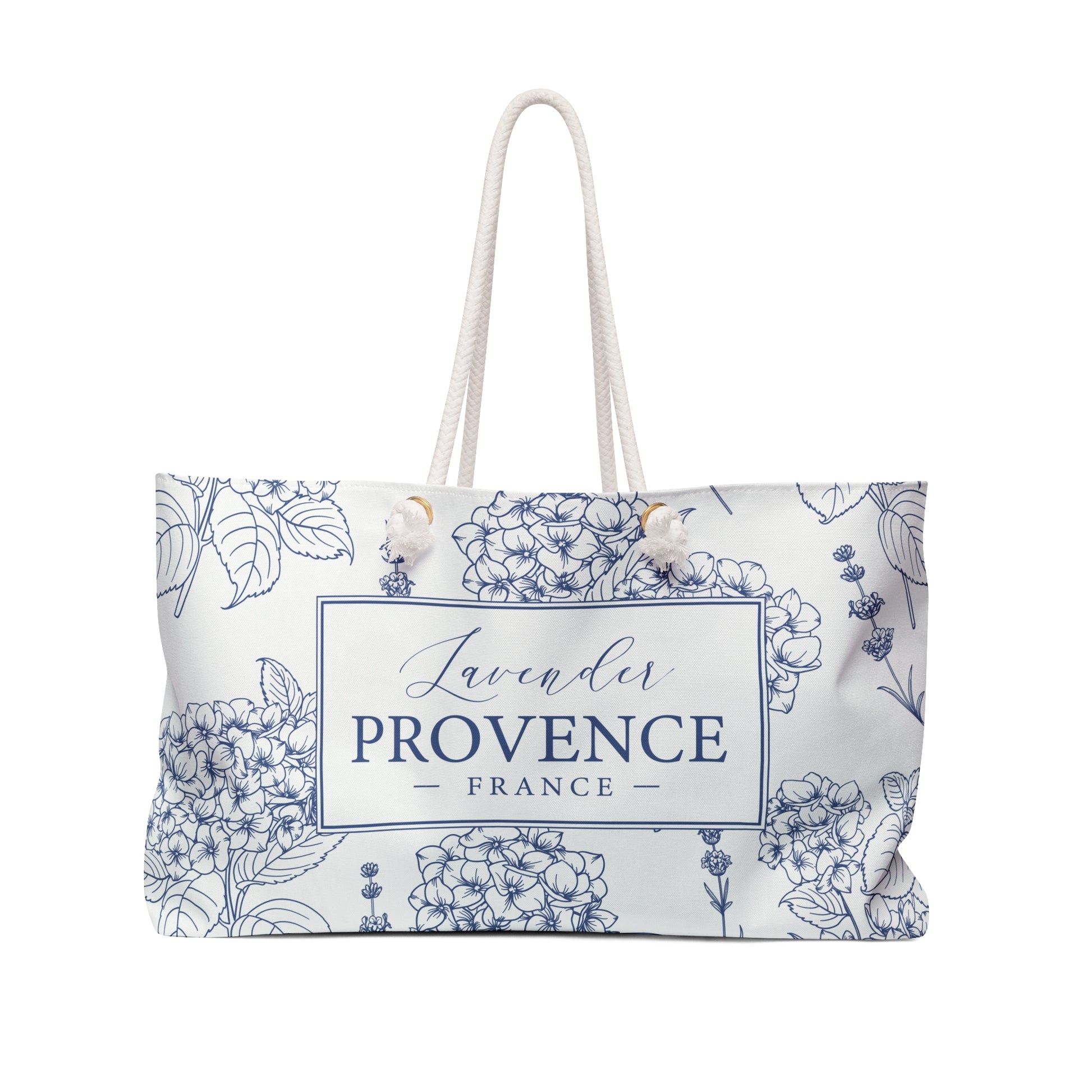 Lavender Provence weekender bag front view on white background showing botanical print with text branding and rope handles