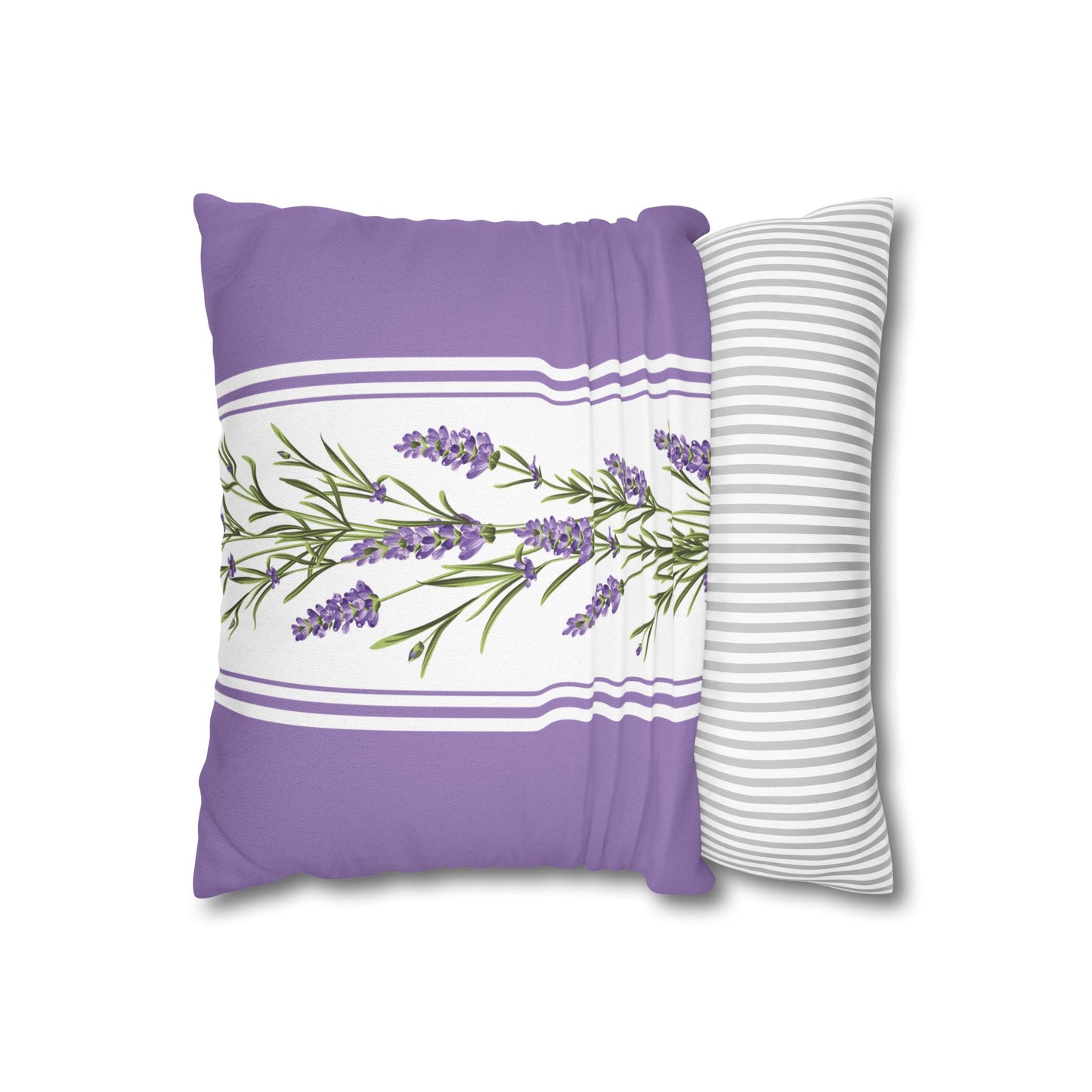 Lavender sprig pillow showing front botanical design and back striped pattern with white piping details, square cushion flat lay