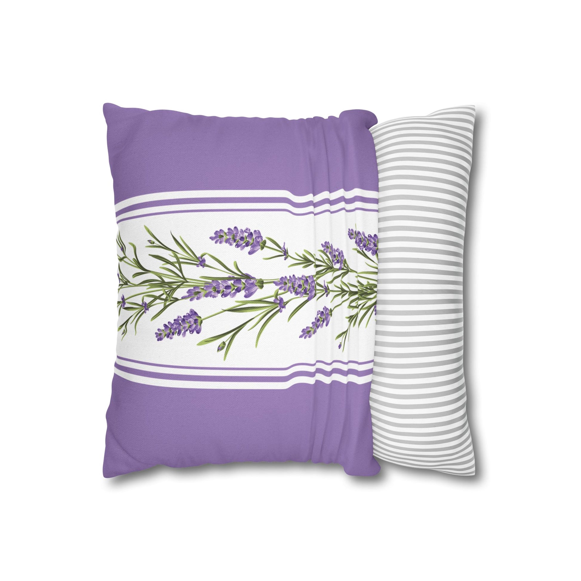 Lavender sprig pillow showing front botanical design and back striped pattern with white piping details, square cushion flat lay