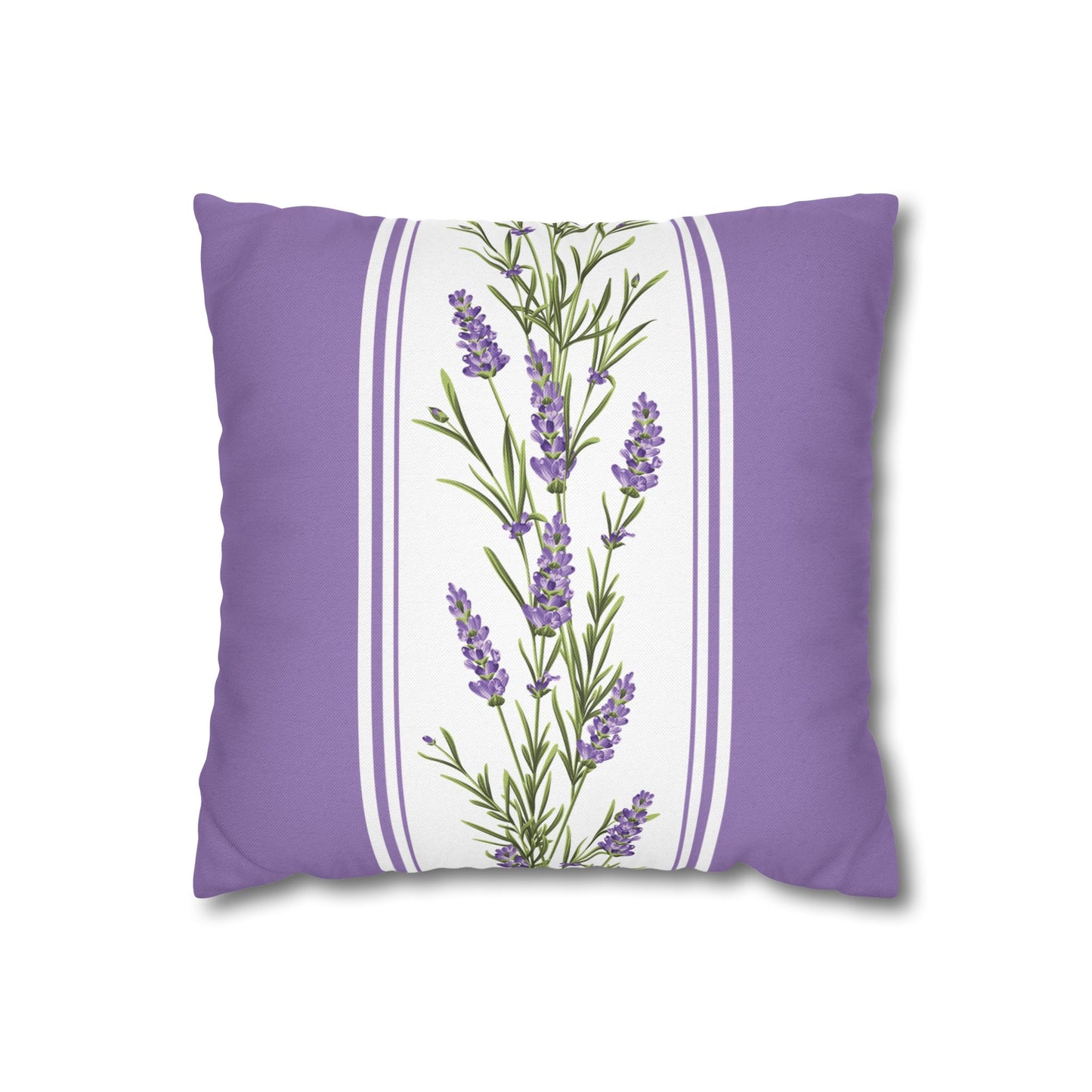 Lavender sprig decorative pillow front featuring botanical print with purple flowers and green stems on white center stripe, framed by purple solid sides